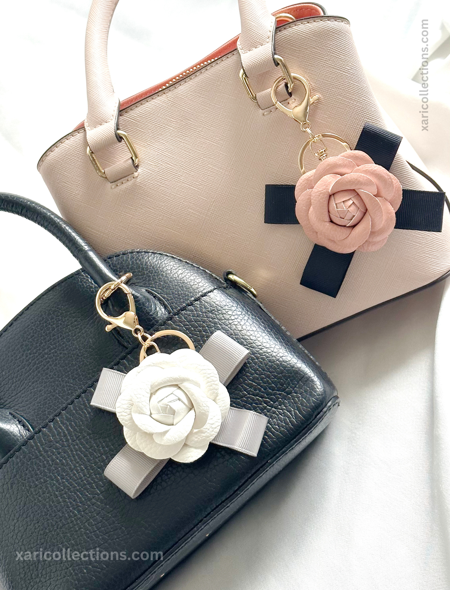 Chanel Style Camellia Flower Charms Silver Chain Link Bag Charm